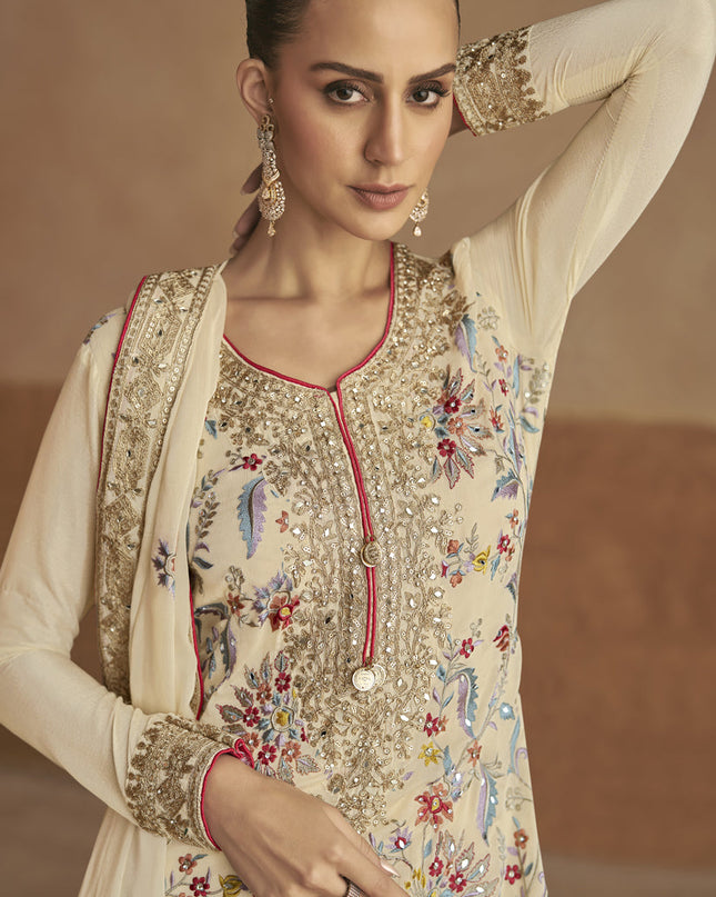 Cream Chinnon Embroidered Designer Palazzo Kameez Suit