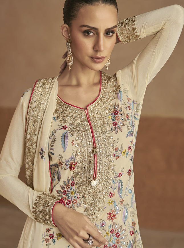 Cream Chinnon Embroidered Designer Palazzo Kameez Suit