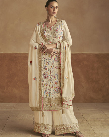 Cream Chinnon Embroidered Designer Palazzo Kameez Suit