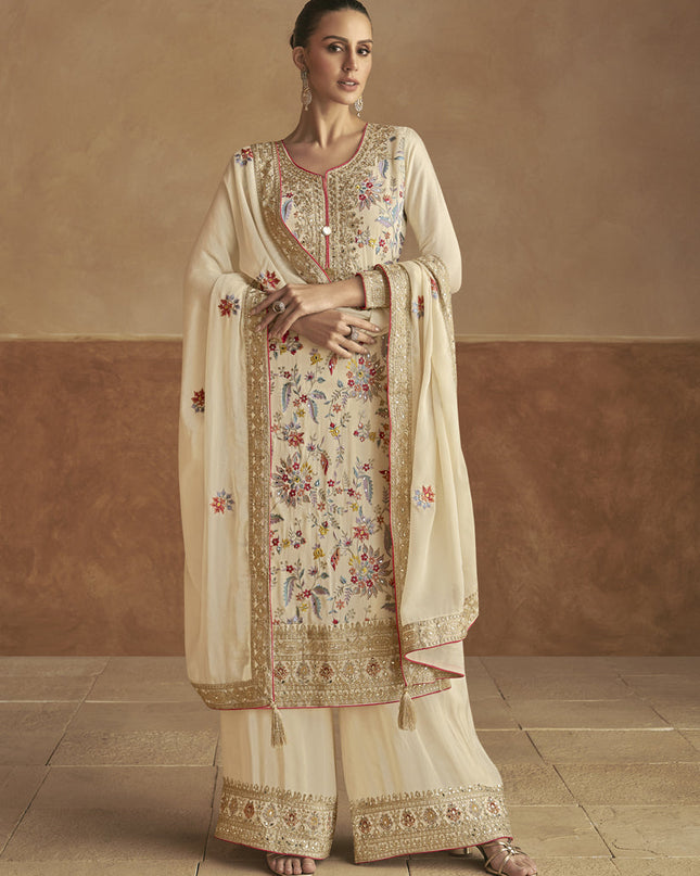 Cream Chinnon Embroidered Designer Palazzo Kameez Suit