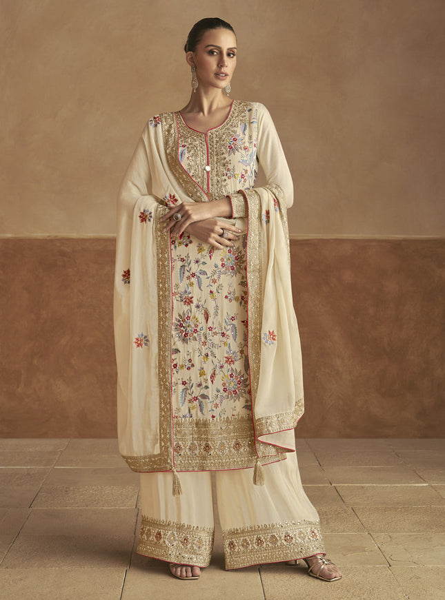 Cream Chinnon Embroidered Designer Palazzo Kameez Suit