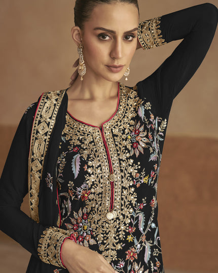 Black Chinnon Embroidered Designer Palazzo Kameez Suit