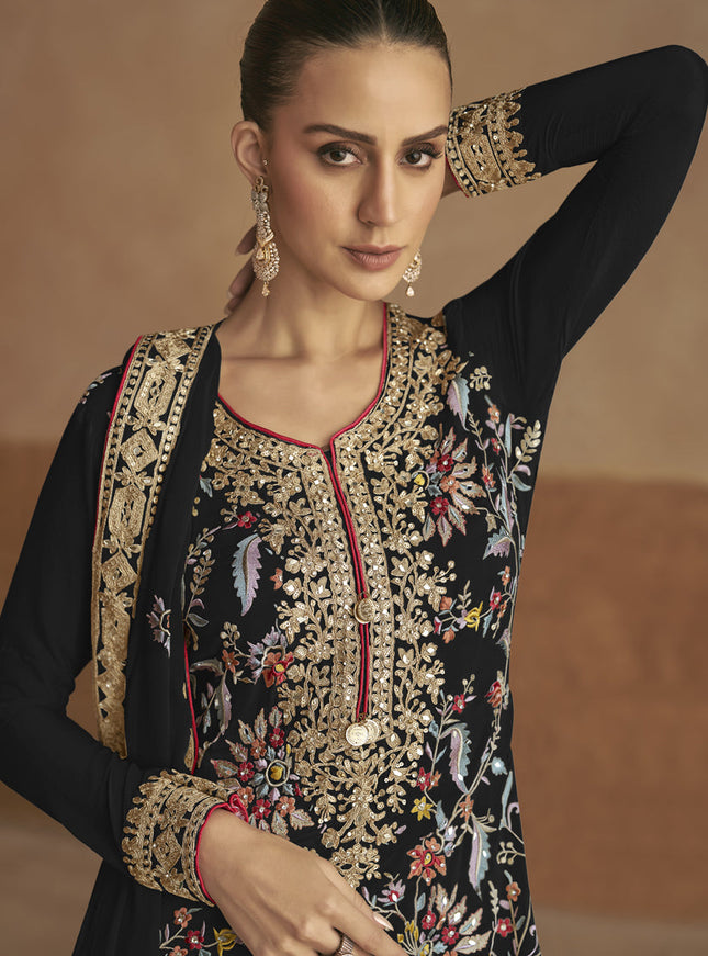 Black Chinnon Embroidered Designer Palazzo Kameez Suit