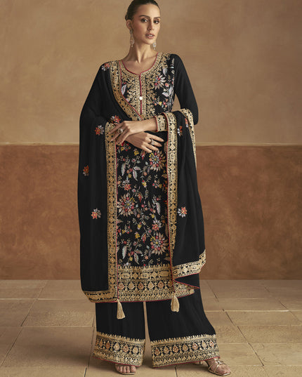 Black Chinnon Embroidered Designer Palazzo Kameez Suit
