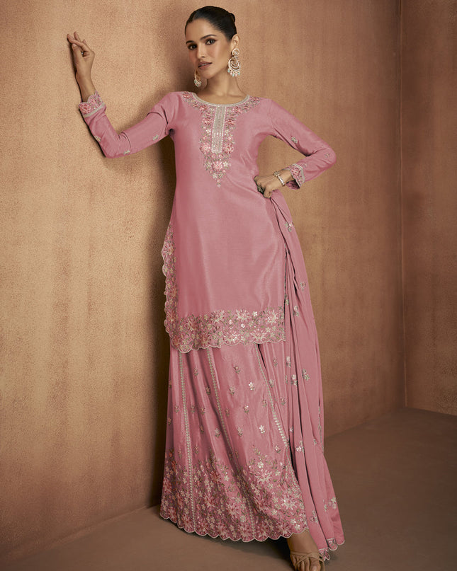 Coral Pink Chinnon Embroidered Designer Palazzo Kameez