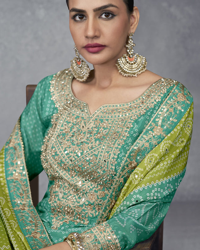 Rama Green Chinnon Embroidered Designer Palazzo Kameez