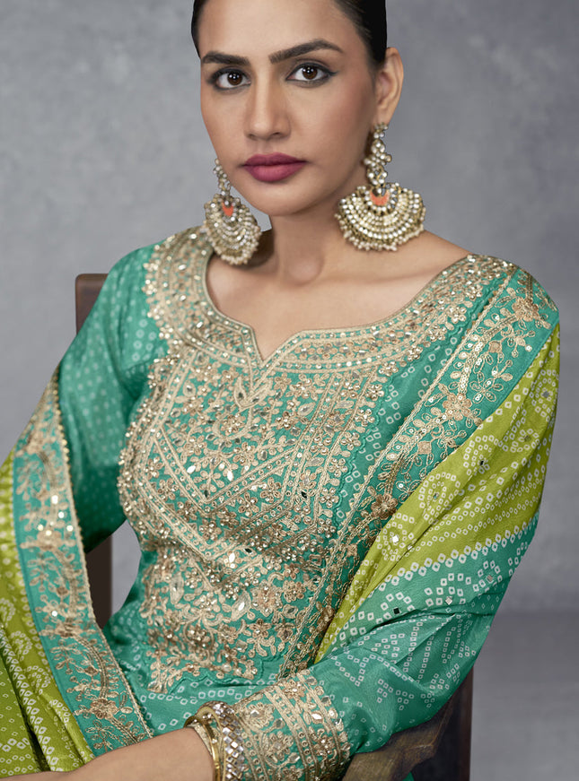 Rama Green Chinnon Embroidered Designer Palazzo Kameez