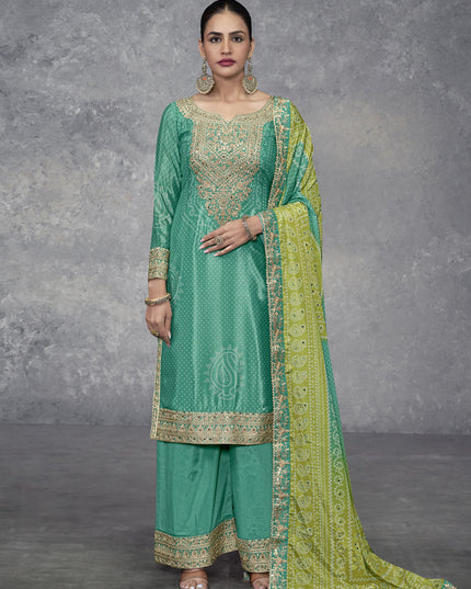 Rama Green Chinnon Embroidered Designer Palazzo Kameez