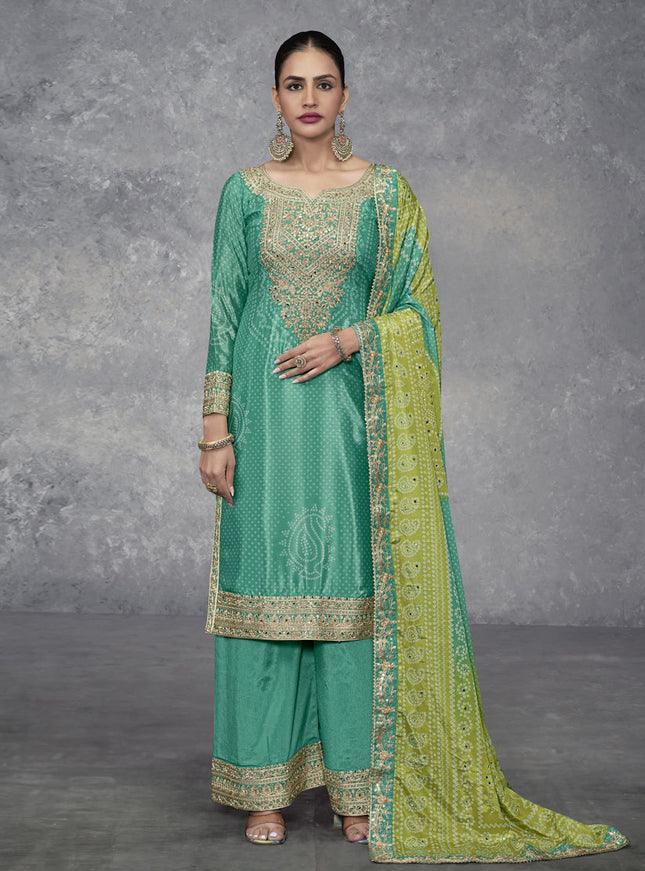 Rama Green Chinnon Embroidered Designer Palazzo Kameez