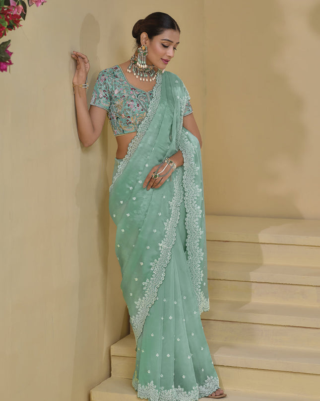 Mint Green Pure Banarasi Tuscany Designer Wedding Saree