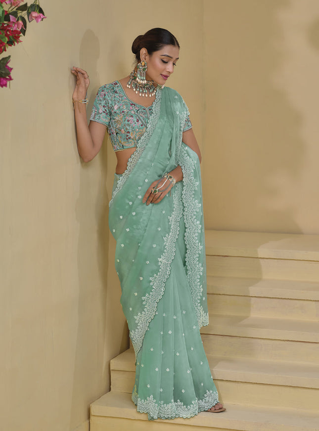 Mint Green Pure Banarasi Tuscany Designer Wedding Saree
