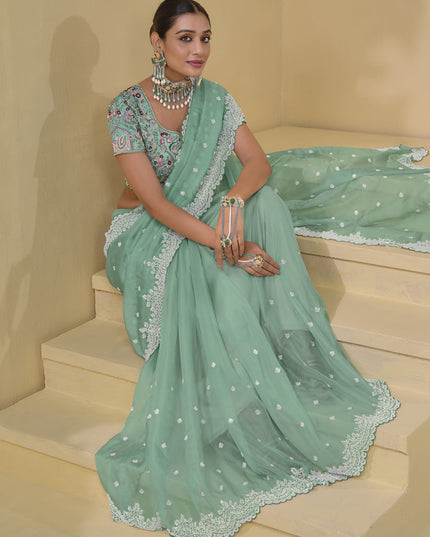 Mint Green Pure Banarasi Tuscany Designer Wedding Saree