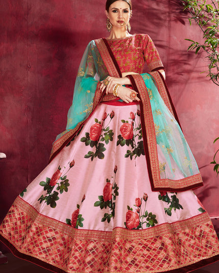 Elegant Rose Pink Heavy Banglori Silk Printed Lehenga Choli