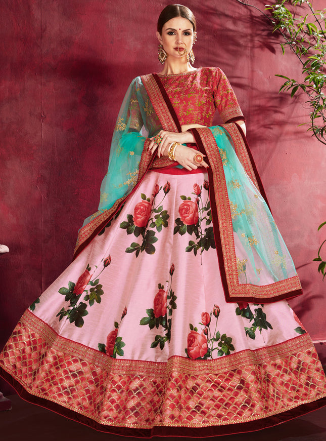 Elegant Rose Pink Heavy Banglori Silk Printed Lehenga Choli