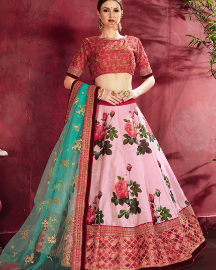 Elegant Rose Pink Heavy Banglori Silk Printed Lehenga Choli