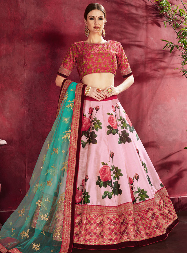 Elegant Rose Pink Heavy Banglori Silk Printed Lehenga Choli