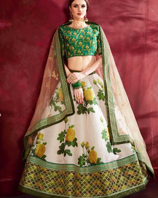 Captivating Cream and Green Heavy Banglori Silk Printed Lehenga Choli