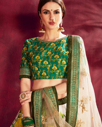 Captivating Cream and Green Heavy Banglori Silk Printed Lehenga Choli