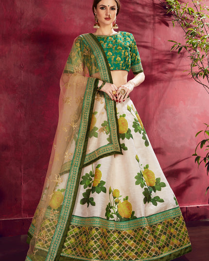Captivating Cream and Green Heavy Banglori Silk Printed Lehenga Choli