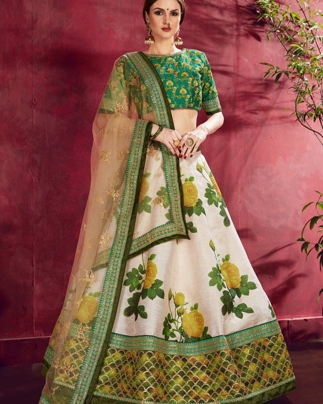 Captivating Cream and Green Heavy Banglori Silk Printed Lehenga Choli