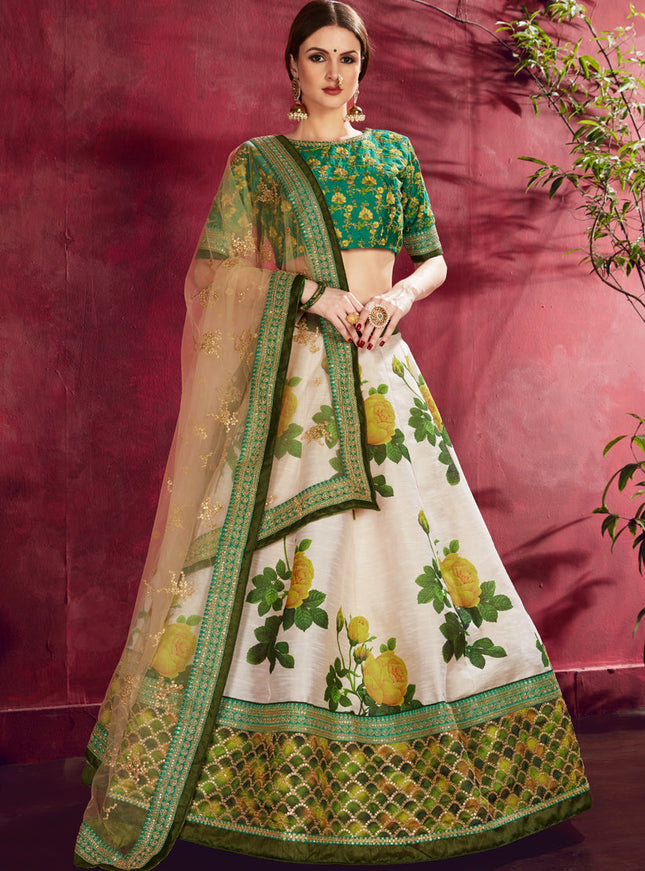 Captivating Cream and Green Heavy Banglori Silk Printed Lehenga Choli