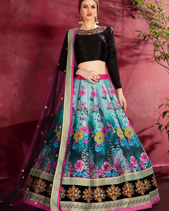 Stylish Black and Multi Color Heavy Banglori Silk Printed Lehenga Choli