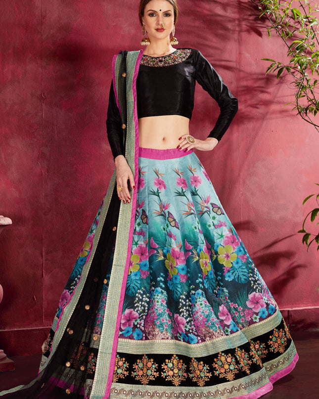 Stylish Black and Multi Color Heavy Banglori Silk Printed Lehenga Choli