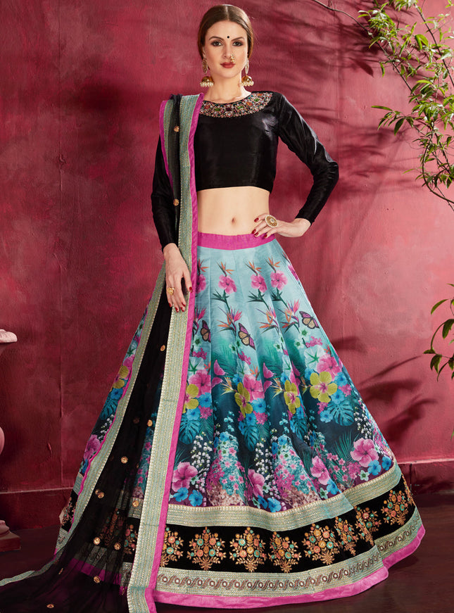 Stylish Black and Multi Color Heavy Banglori Silk Printed Lehenga Choli