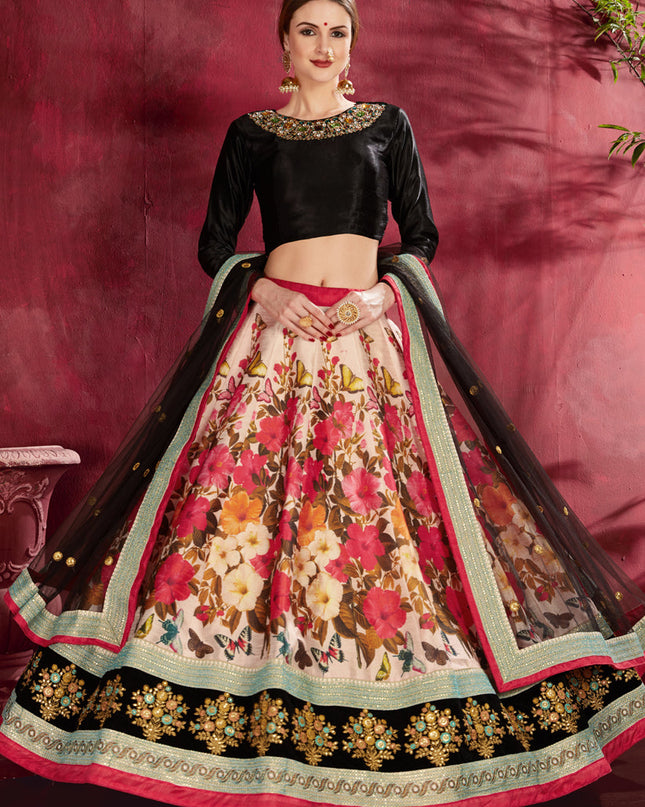 Beautiful Black and Multi Color Heavy Banglori Silk Printed Lehenga Choli