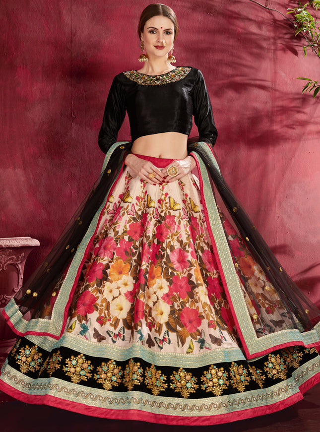 Beautiful Black and Multi Color Heavy Banglori Silk Printed Lehenga Choli