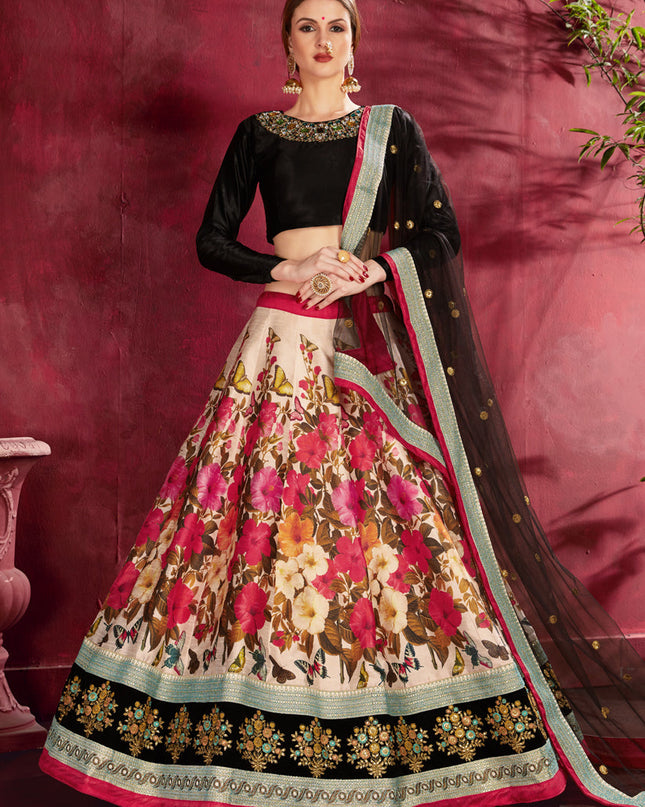 Beautiful Black and Multi Color Heavy Banglori Silk Printed Lehenga Choli