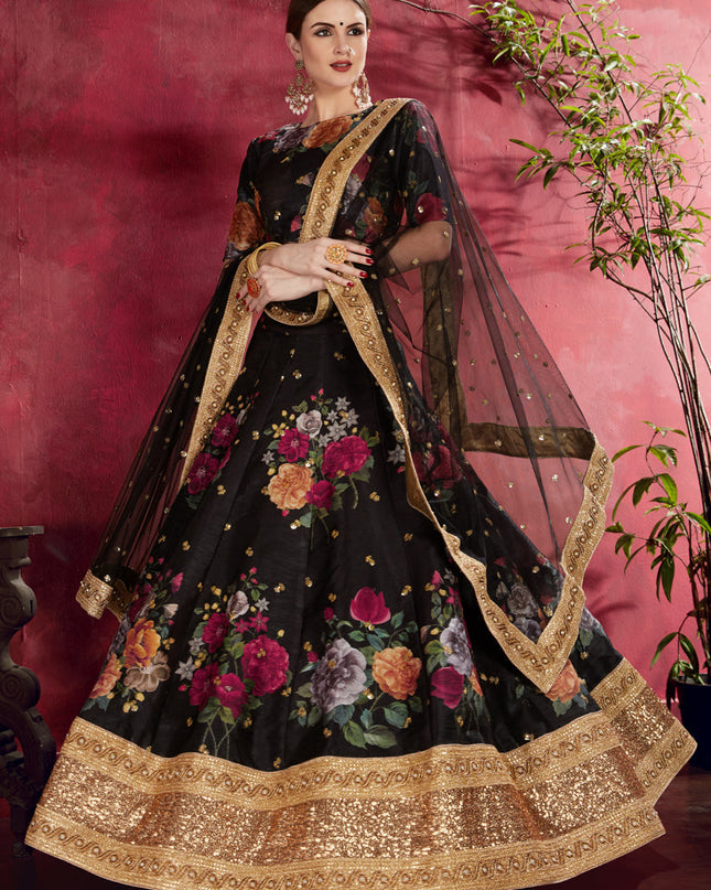 Opulent Black Heavy Banglori Silk Printed Lehenga Choli