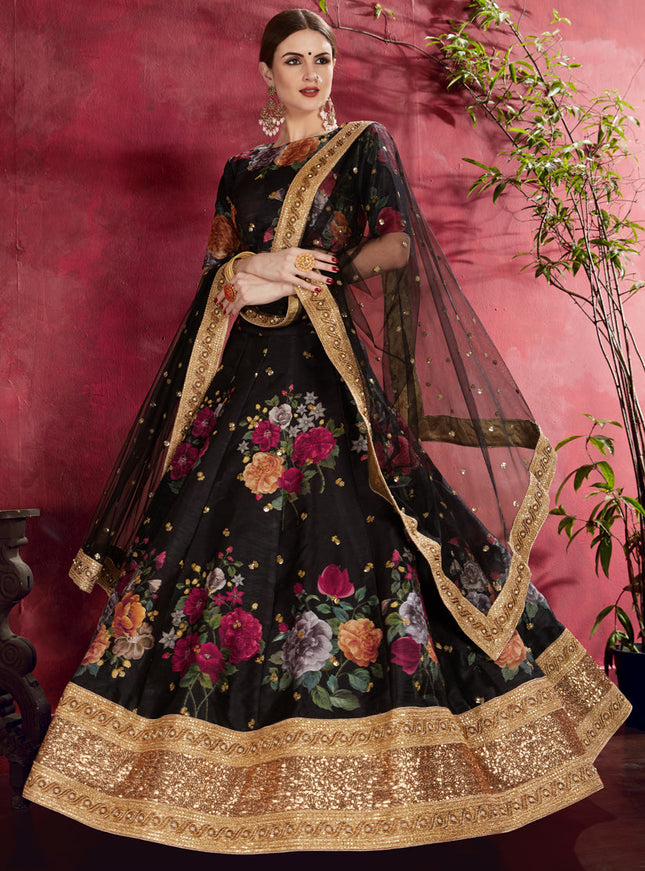 Opulent Black Heavy Banglori Silk Printed Lehenga Choli