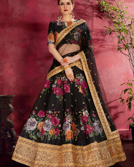 Opulent Black Heavy Banglori Silk Printed Lehenga Choli