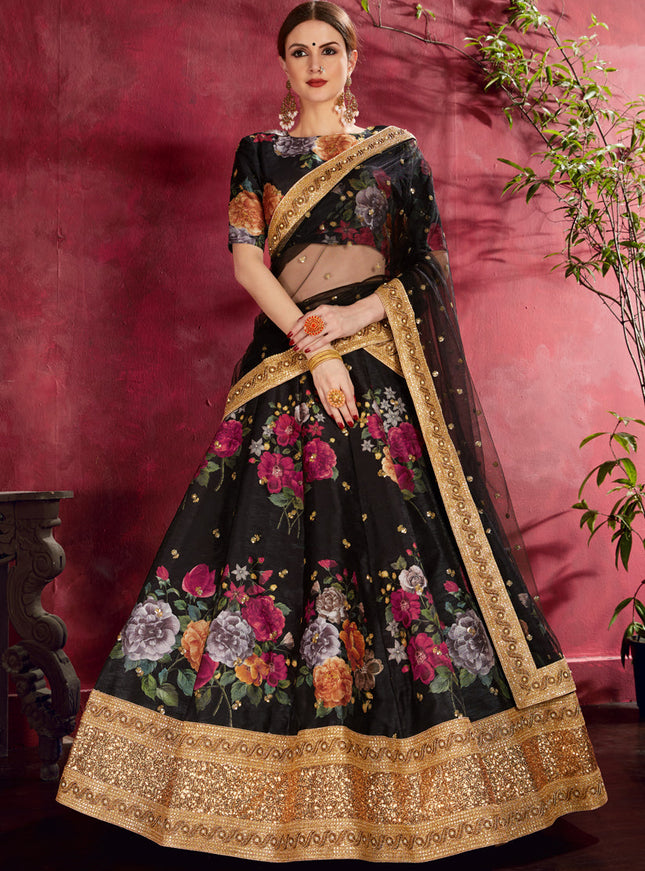 Opulent Black Heavy Banglori Silk Printed Lehenga Choli