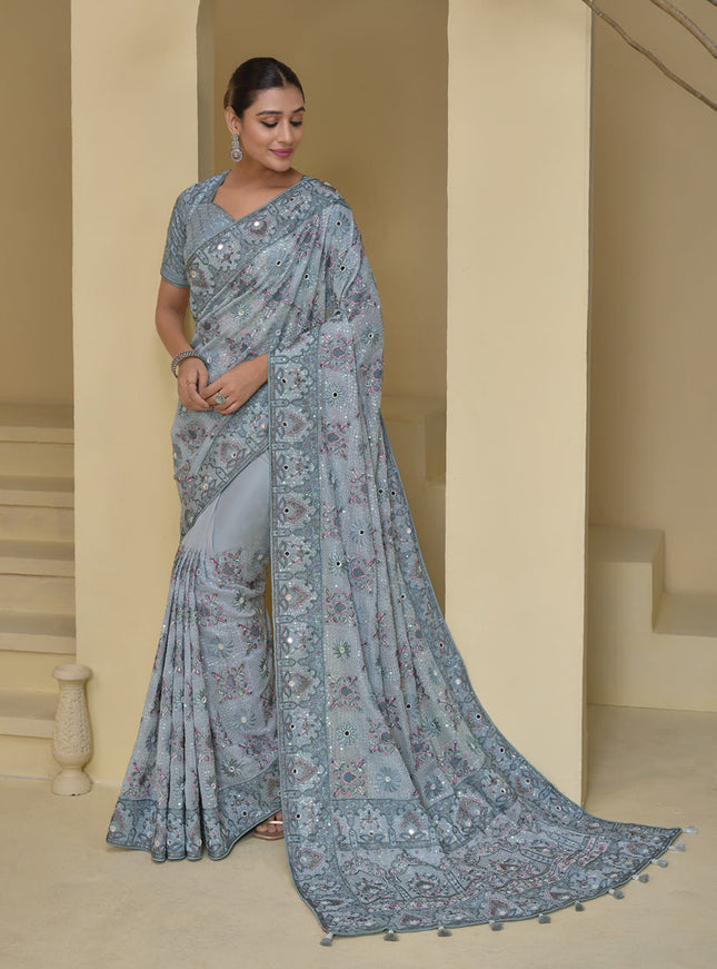 Livid Grey Pure Banarasi Tuscany Designer Wedding Saree