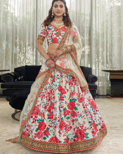 Stunning White Art Silk Floral Print Lehenga Choli