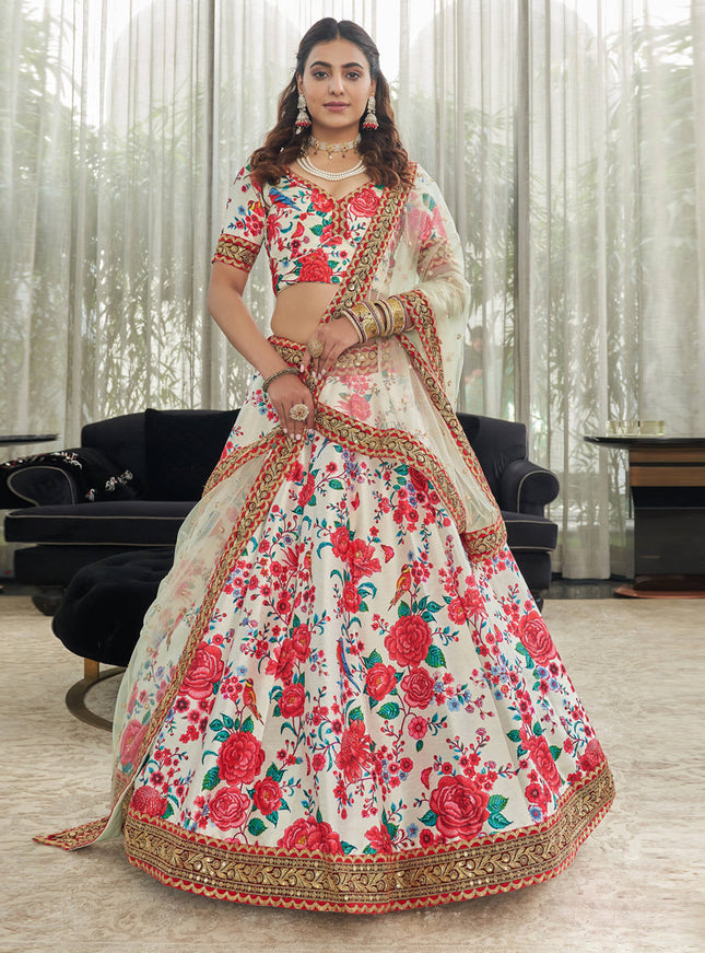 Stunning White Art Silk Floral Print Lehenga Choli