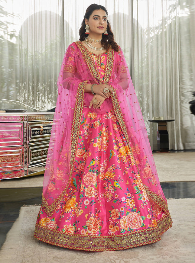 Glamorous Rani Pink Art Silk Floral Print Lehenga Choli