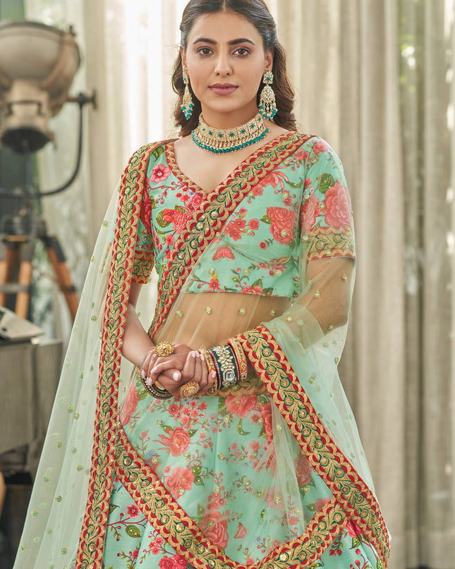 Lovely Ice Mint Art Silk Floral Print Lehenga Choli