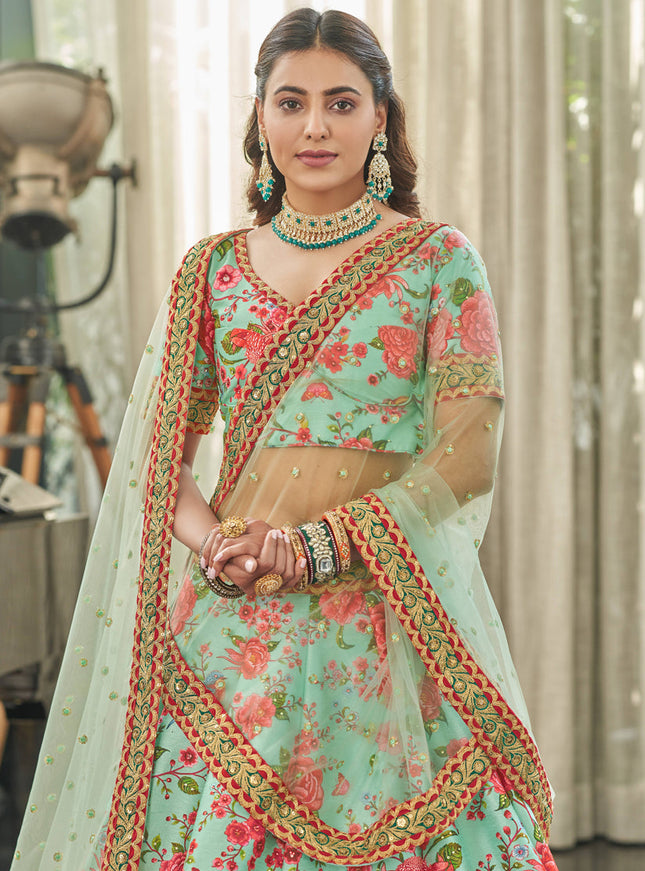 Lovely Ice Mint Art Silk Floral Print Lehenga Choli