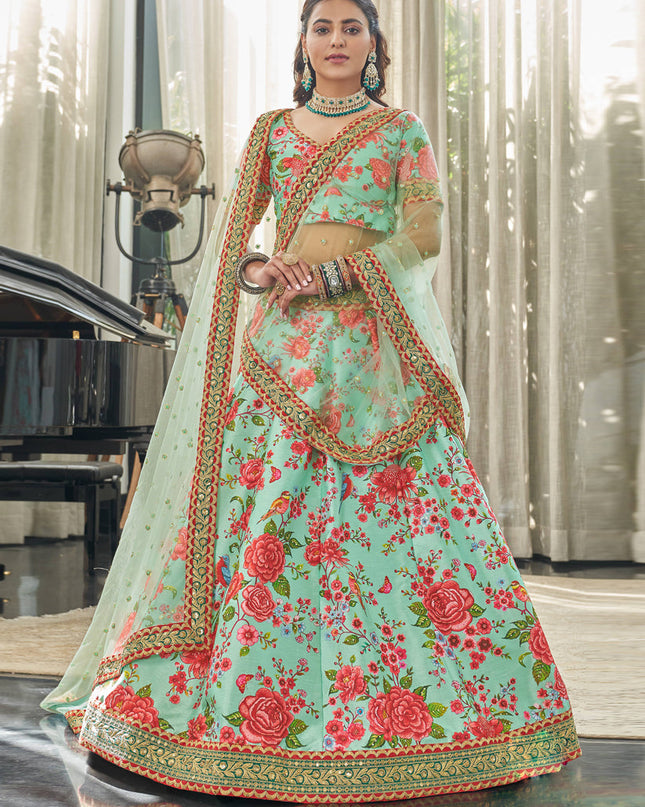 Lovely Ice Mint Art Silk Floral Print Lehenga Choli