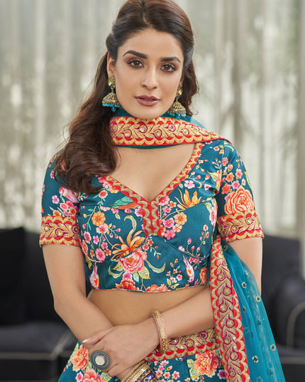 Pretty Peacock Blue Art Silk Floral Print Lehenga Choli