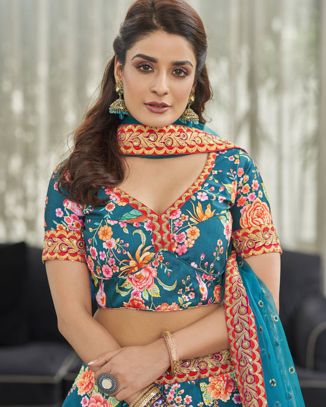 Pretty Peacock Blue Art Silk Floral Print Lehenga Choli