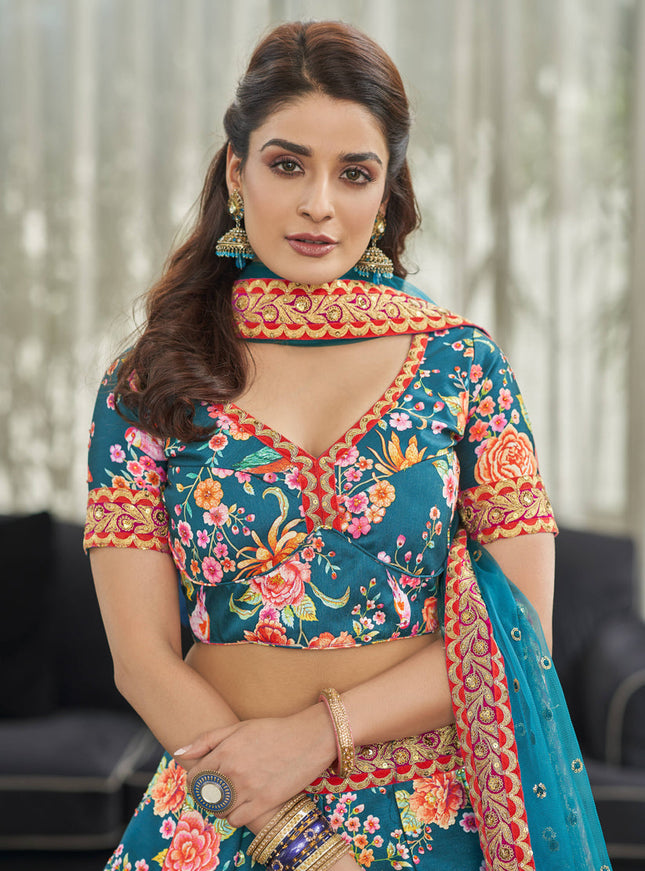 Pretty Peacock Blue Art Silk Floral Print Lehenga Choli