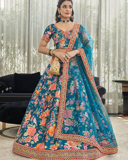 Pretty Peacock Blue Art Silk Floral Print Lehenga Choli