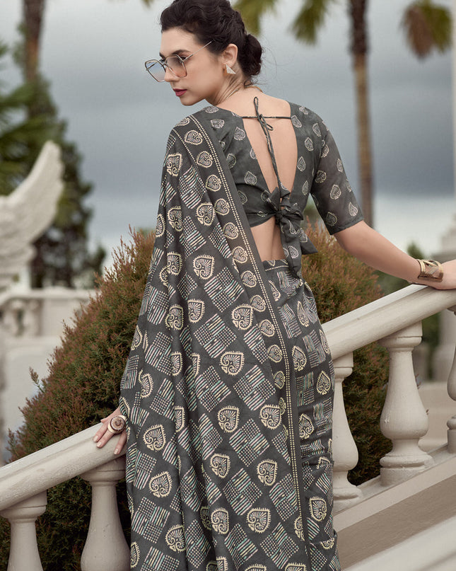 Dusty Grey Pure Mal Mal Silk Digital Print Saree