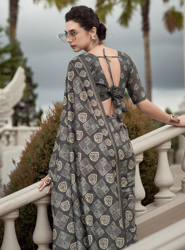 Dusty Grey Pure Mal Mal Silk Digital Print Saree
