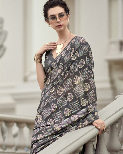 Dusty Grey Pure Mal Mal Silk Digital Print Saree