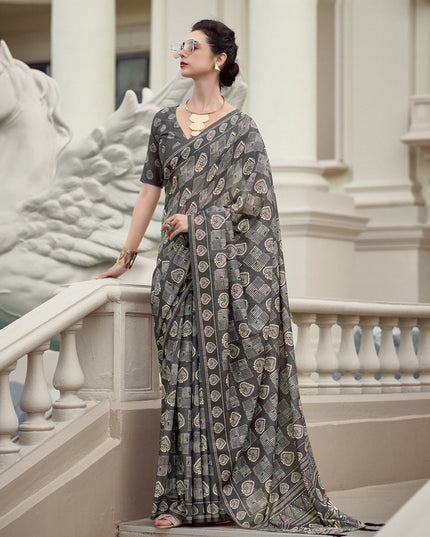 Dusty Grey Pure Mal Mal Silk Digital Print Saree